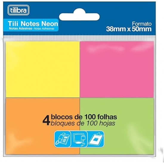 Bloco Adesivo Tili Notes 4 Cores Neon – Visibilidade máxima em suas anotações