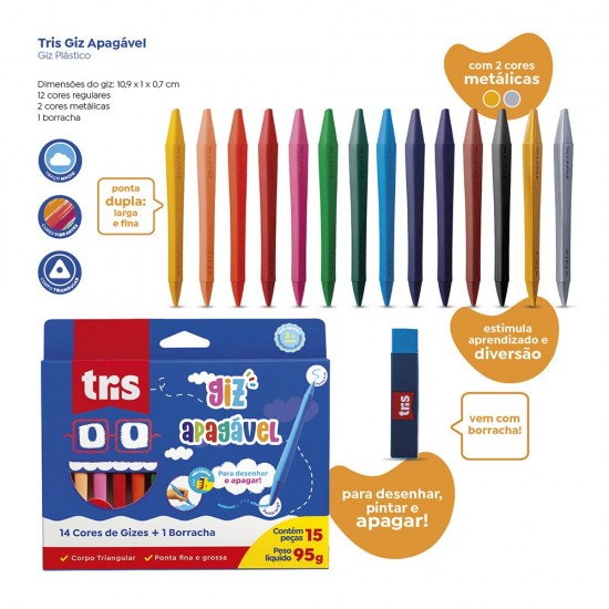 Giz Apagável Tris – 12 Cores Vibrantes + 2 Metálicas com Borracha – Liberdade Criativa Giz Apagável Tris – 12 Cores Vibrantes + 2 Metálicas com Borracha – Liberdade Criativa