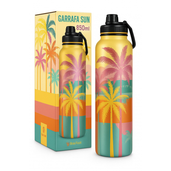 Garrafa Térmica Inox 850ml Sun – Estampa Tropical com Coqueiros Garrafa Térmica Inox 850ml Sun – Estampa Tropical com Coqueiros
