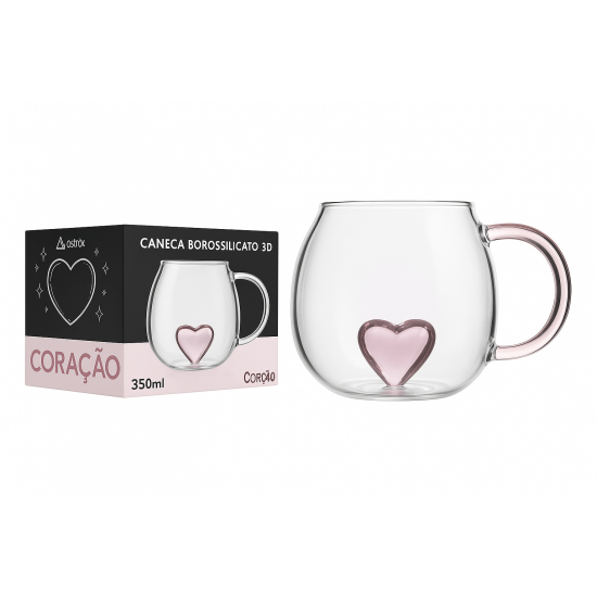 Caneca de Vidro 350ml com Coração 3D – Design Romântico e Resistente para Bebidas Quentes e Frias