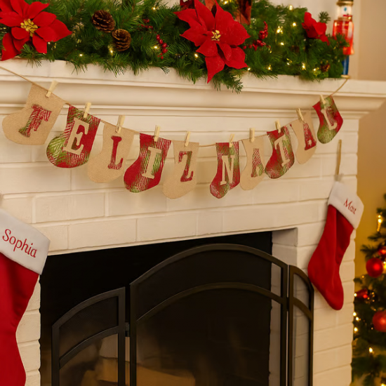 Varal “Feliz Natal” 14 cm × 2,5 m – Botas de Juta Verde e Vermelho